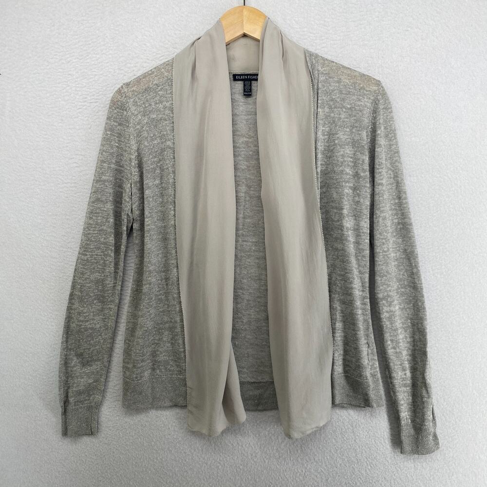 EILEEN FISHER Cardigan 2XS Linen Blend Sheer Chiffon Scarf Trim Open Front Gray